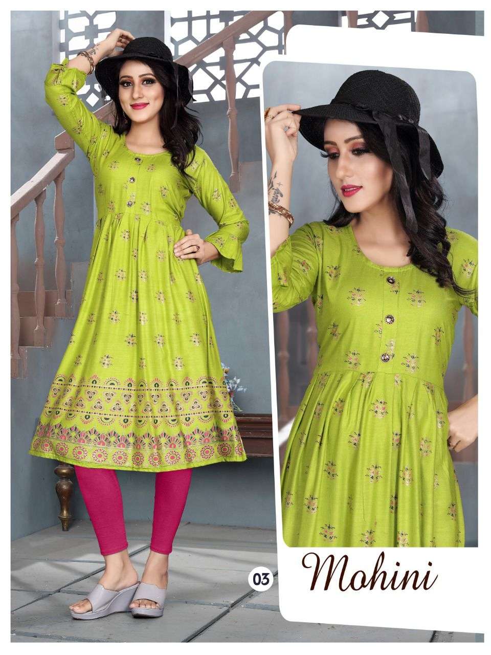 TRENDY MOHINI V.6 Rayon 14 Kg Goil Foil and Screen Block Work Tux Pattern Kurti CATALOG WHOLESALER BEST RATE