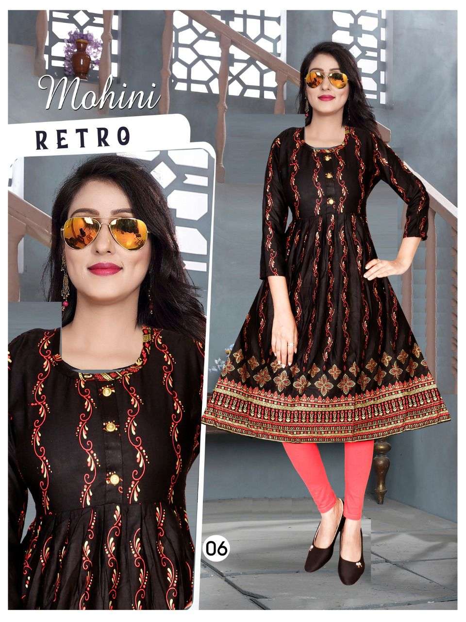 TRENDY MOHINI V.6 Rayon 14 Kg Goil Foil and Screen Block Work Tux Pattern Kurti CATALOG WHOLESALER BEST RATE