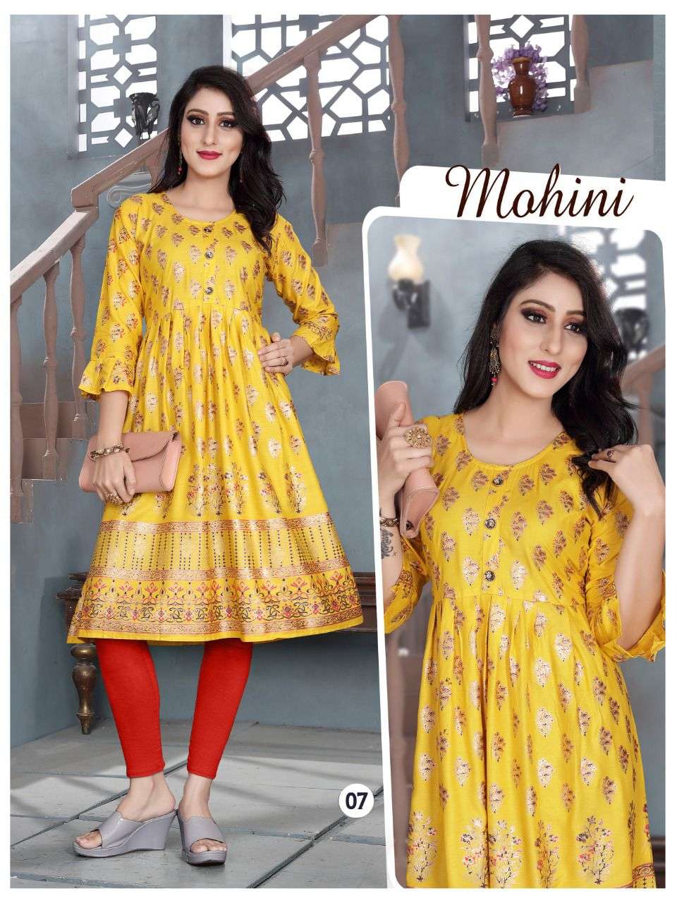 TRENDY MOHINI V.6 Rayon 14 Kg Goil Foil and Screen Block Work Tux Pattern Kurti CATALOG WHOLESALER BEST RATE