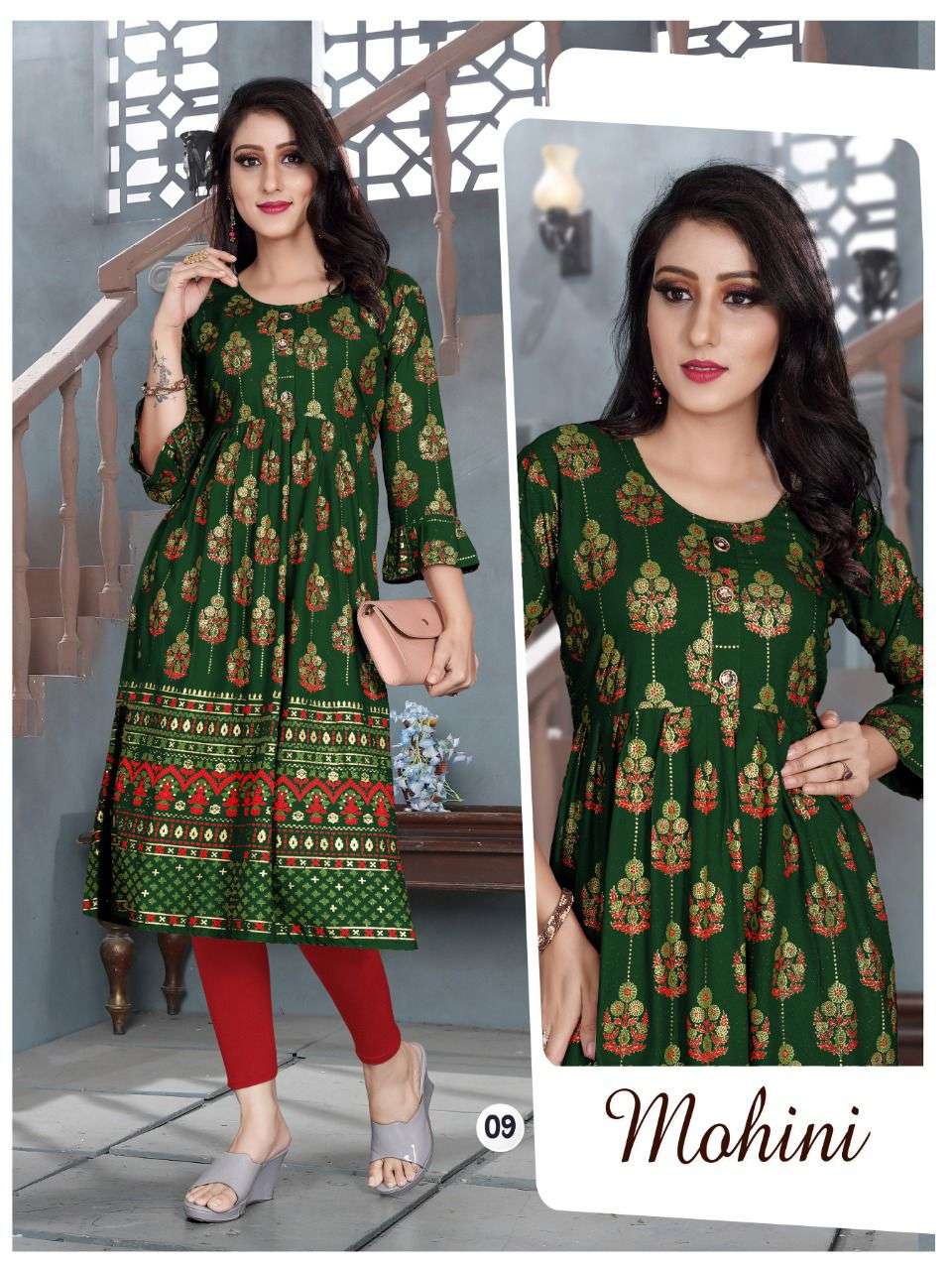 TRENDY MOHINI V.6 Rayon 14 Kg Goil Foil and Screen Block Work Tux Pattern Kurti CATALOG WHOLESALER BEST RATE
