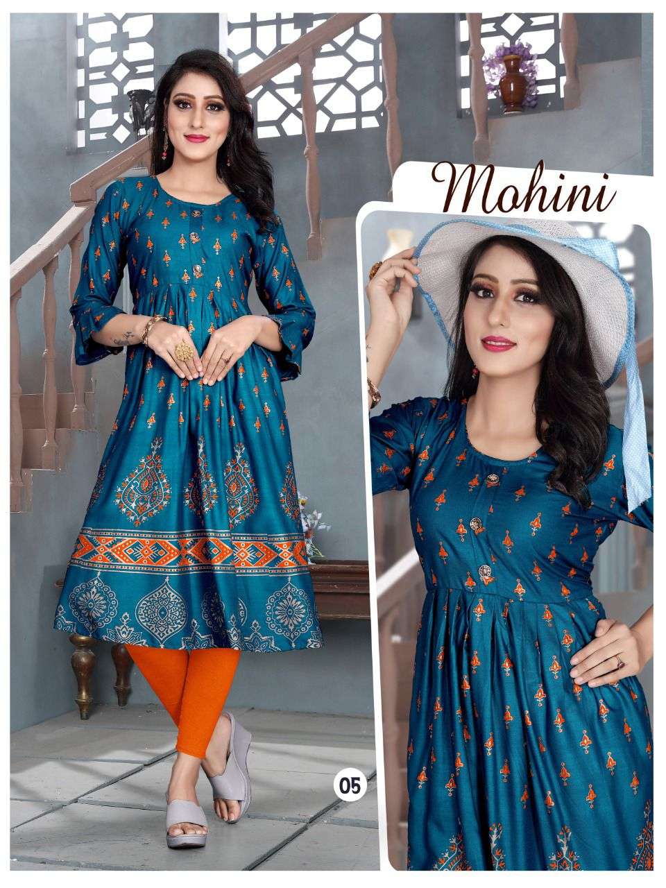 TRENDY MOHINI V.6 Rayon 14 Kg Goil Foil and Screen Block Work Tux Pattern Kurti CATALOG WHOLESALER BEST RATE