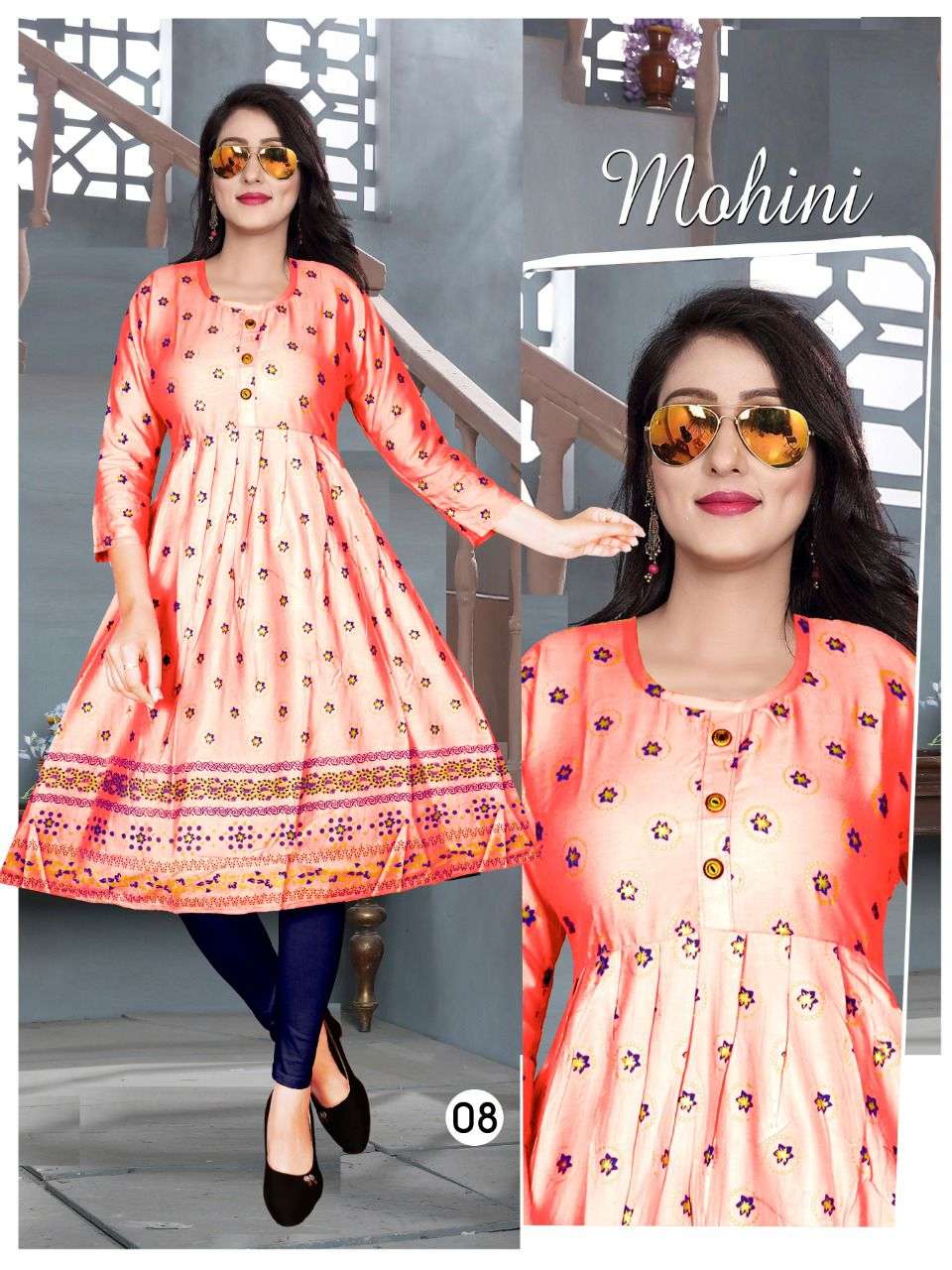 TRENDY MOHINI V.6 Rayon 14 Kg Goil Foil and Screen Block Work Tux Pattern Kurti CATALOG WHOLESALER BEST RATE