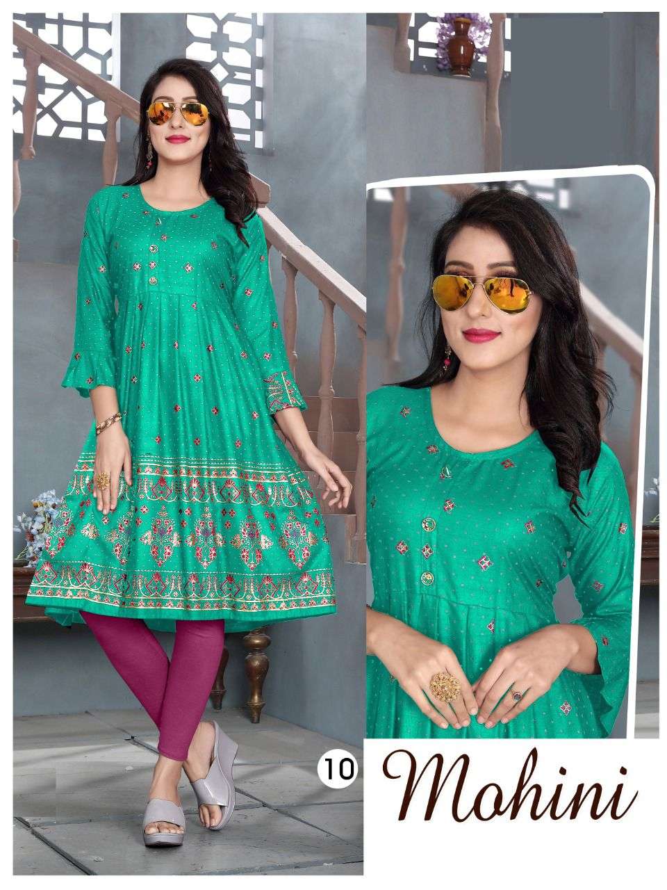 TRENDY MOHINI V.6 Rayon 14 Kg Goil Foil and Screen Block Work Tux Pattern Kurti CATALOG WHOLESALER BEST RATE