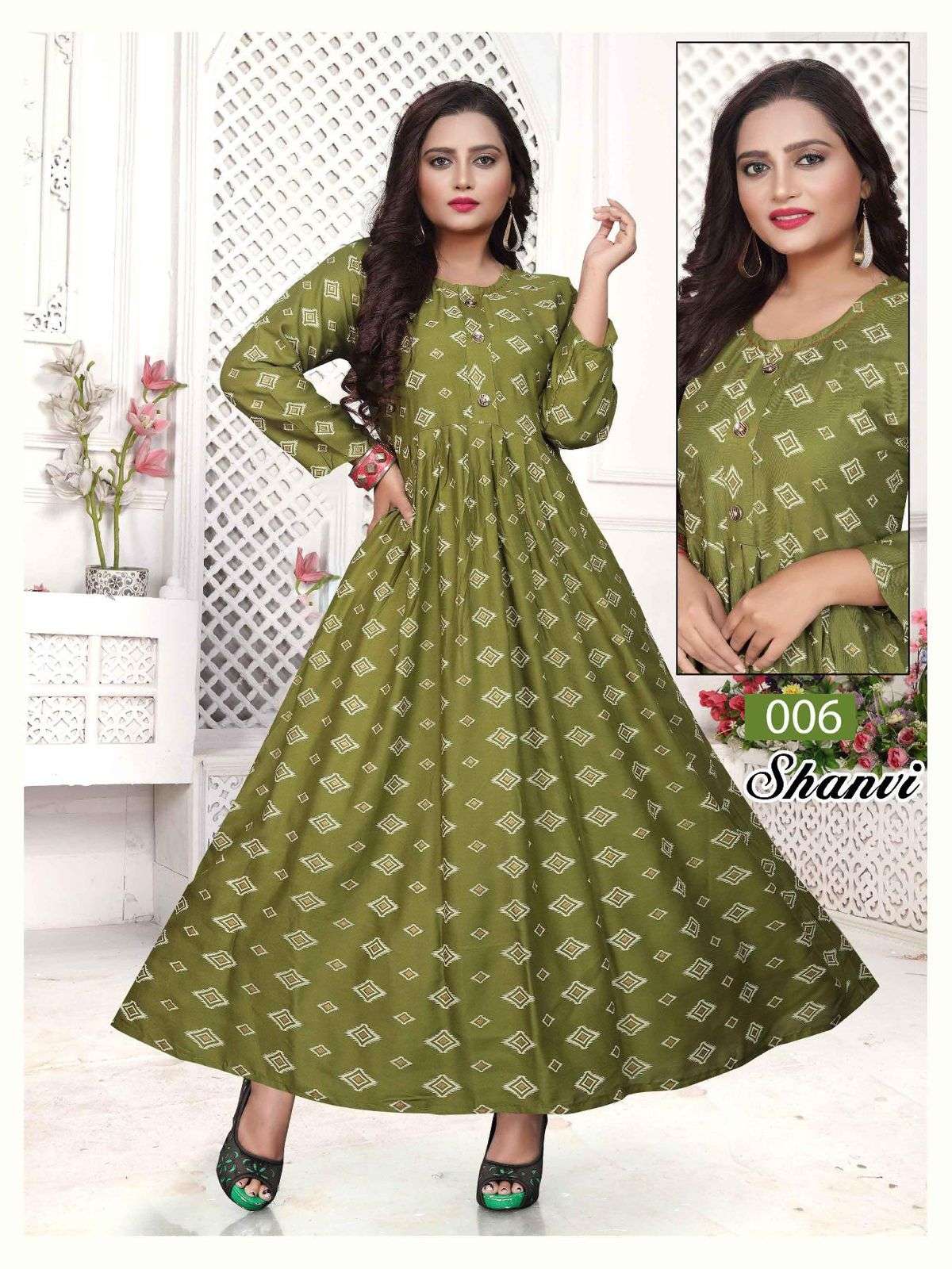 TRENDY SHANVI HEAVY REYON PRINT LONG & FLAIR HAND WORK WITH INTERLOCK KURTI CATALOG WHOLESALER BEST RATE