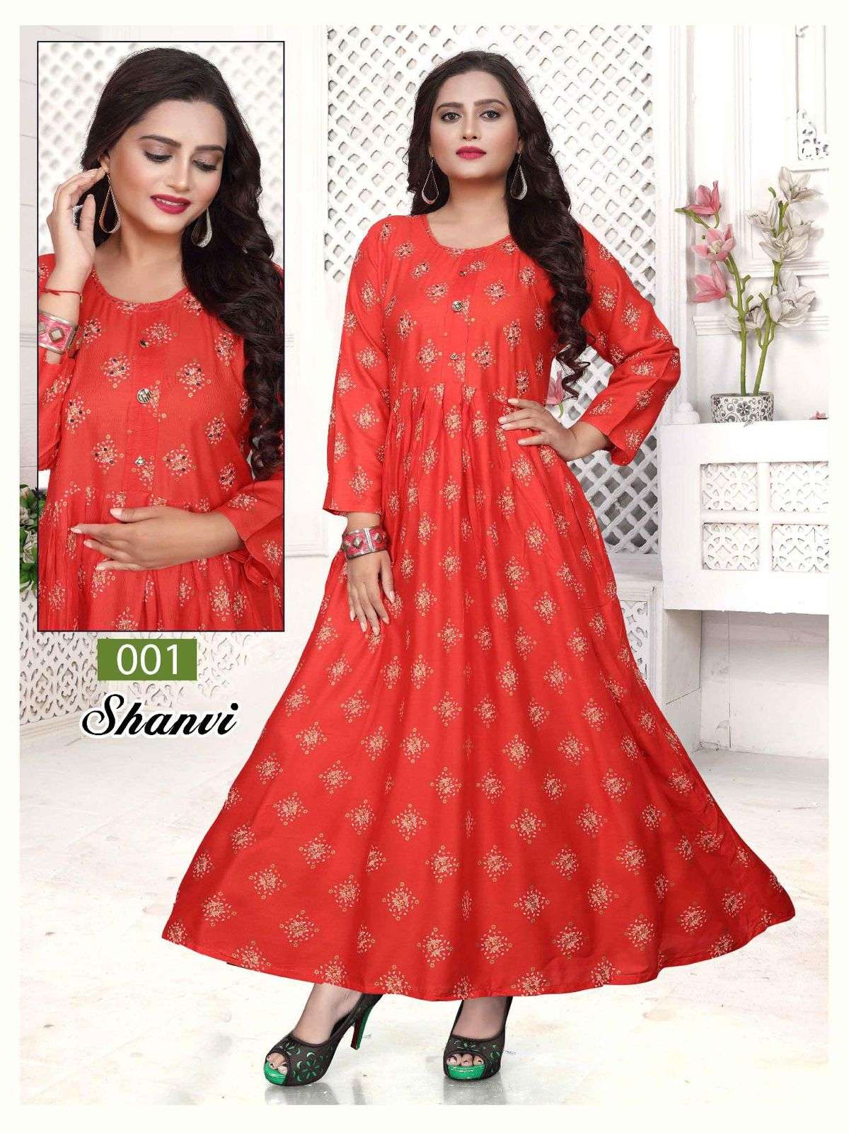 TRENDY SHANVI HEAVY REYON PRINT LONG & FLAIR HAND WORK WITH INTERLOCK KURTI CATALOG WHOLESALER BEST RATE