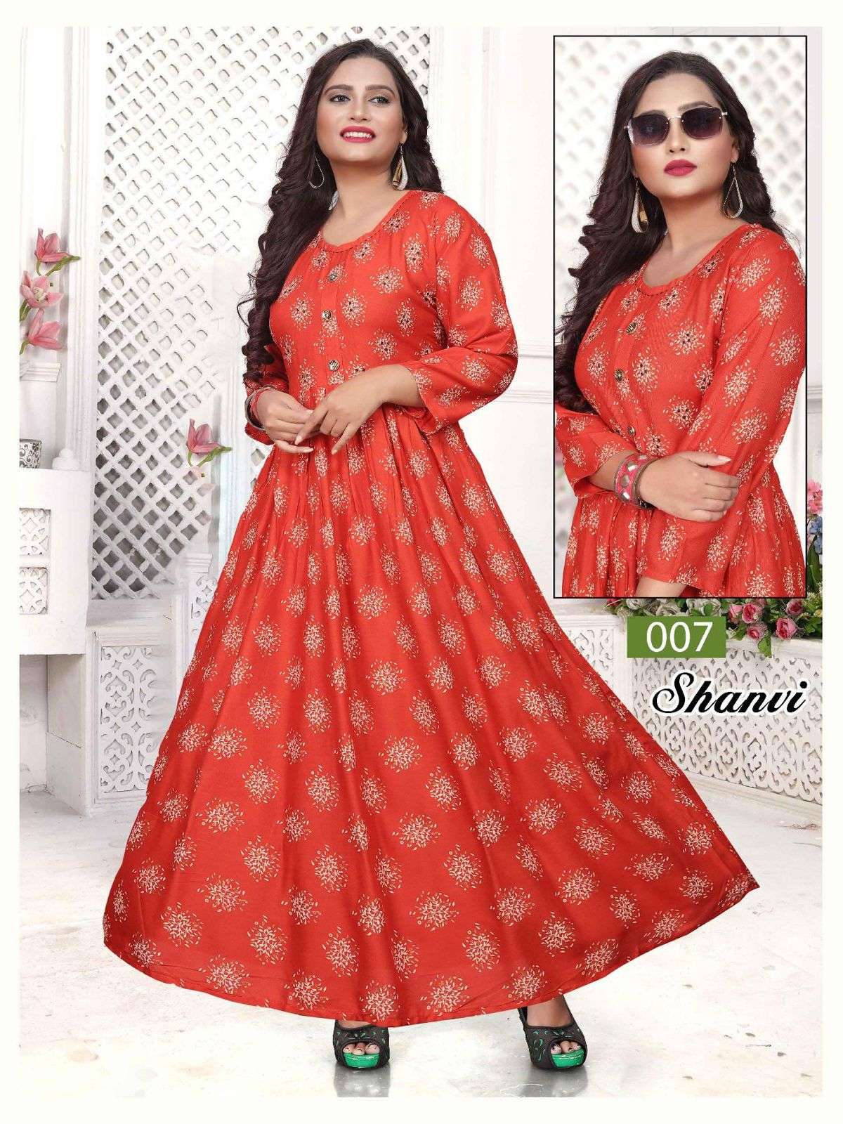 TRENDY SHANVI HEAVY REYON PRINT LONG & FLAIR HAND WORK WITH INTERLOCK KURTI CATALOG WHOLESALER BEST RATE