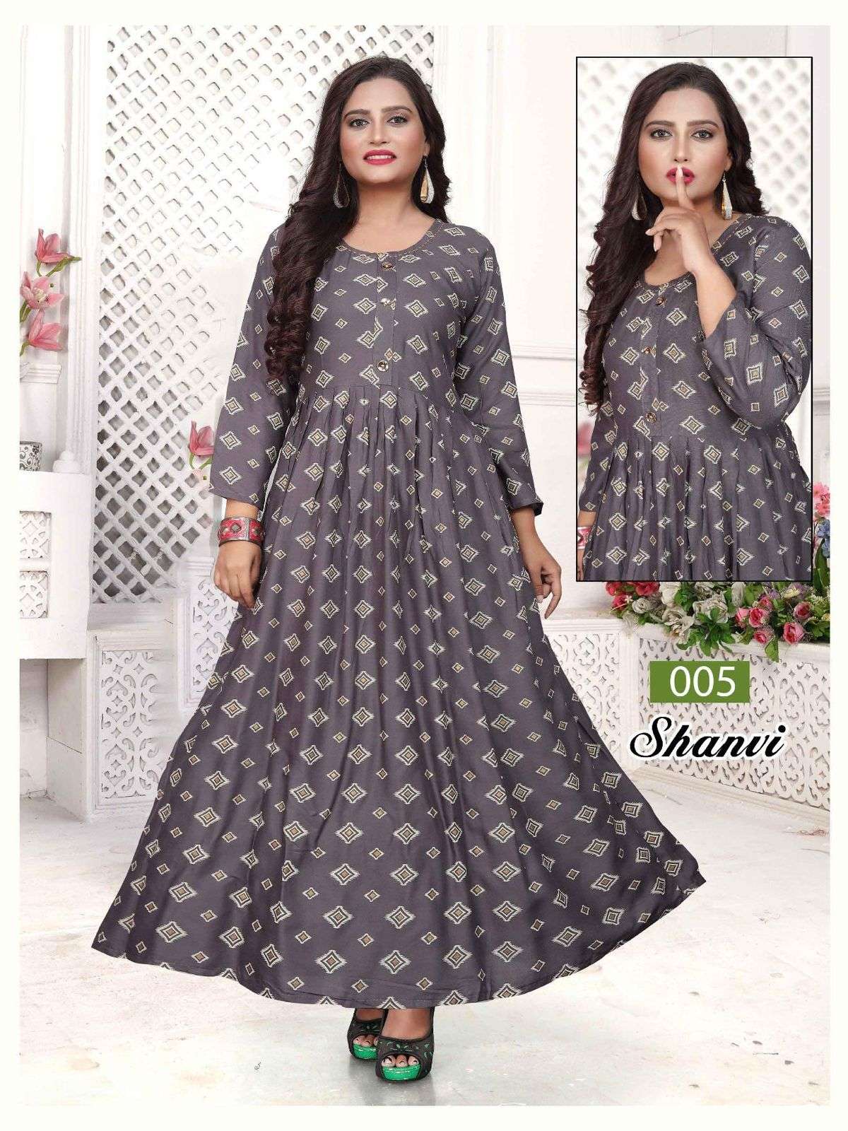 TRENDY SHANVI HEAVY REYON PRINT LONG & FLAIR HAND WORK WITH INTERLOCK KURTI CATALOG WHOLESALER BEST RATE