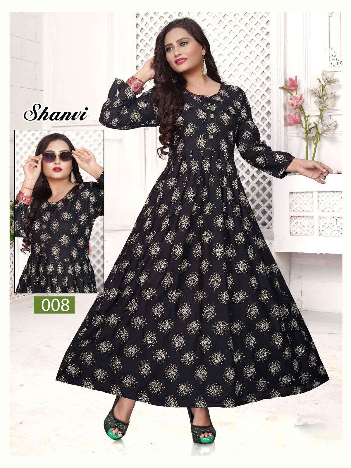 TRENDY SHANVI HEAVY REYON PRINT LONG & FLAIR HAND WORK WITH INTERLOCK KURTI CATALOG WHOLESALER BEST RATE