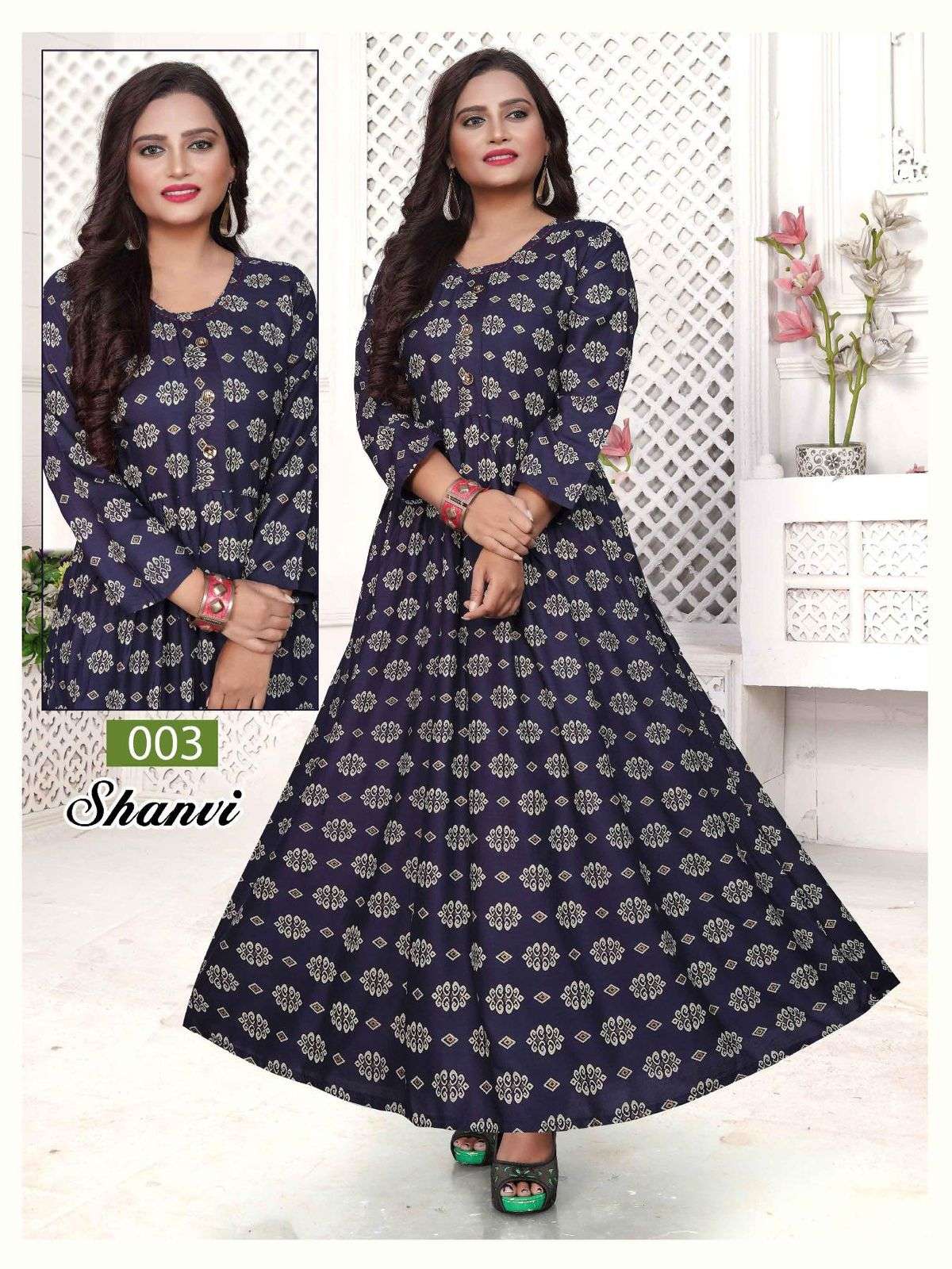 TRENDY SHANVI HEAVY REYON PRINT LONG & FLAIR HAND WORK WITH INTERLOCK KURTI CATALOG WHOLESALER BEST RATE