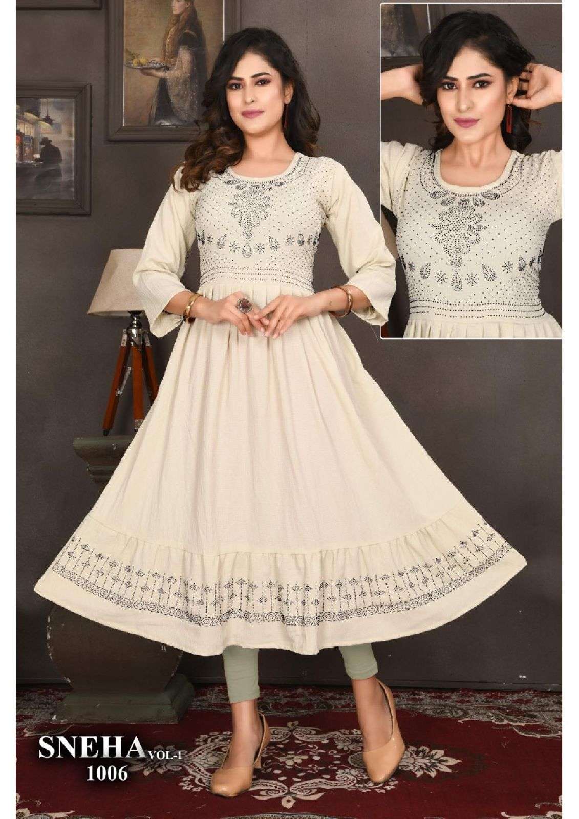 TRENDZ SNEHA VOL.1 HEAVY RINKKAL RAYON GHERA WITH SIROSKI WORK KURTI CATALOG WHOLESALER BEST RATE