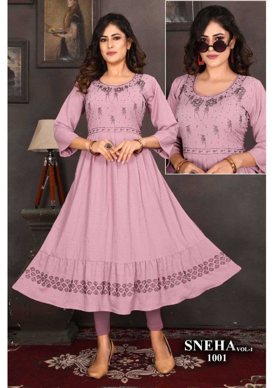 TRENDZ SNEHA VOL.1 HEAVY RINKKAL RAYON GHERA WITH SIROSKI WORK KURTI CATALOG WHOLESALER BEST RATE