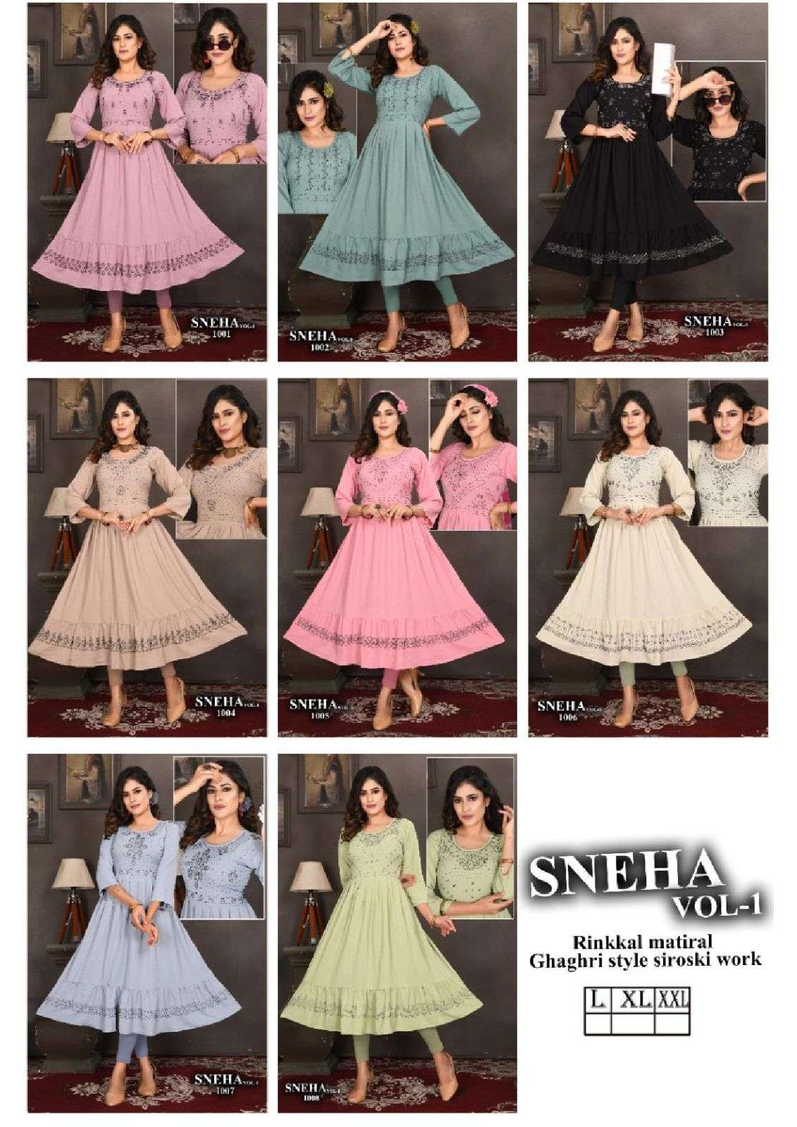 TRENDZ SNEHA VOL.1 HEAVY RINKKAL RAYON GHERA WITH SIROSKI WORK KURTI CATALOG WHOLESALER BEST RATE
