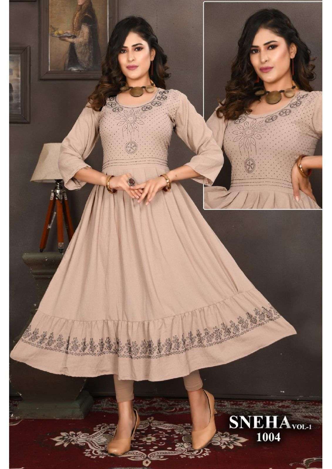 TRENDZ SNEHA VOL.1 HEAVY RINKKAL RAYON GHERA WITH SIROSKI WORK KURTI CATALOG WHOLESALER BEST RATE