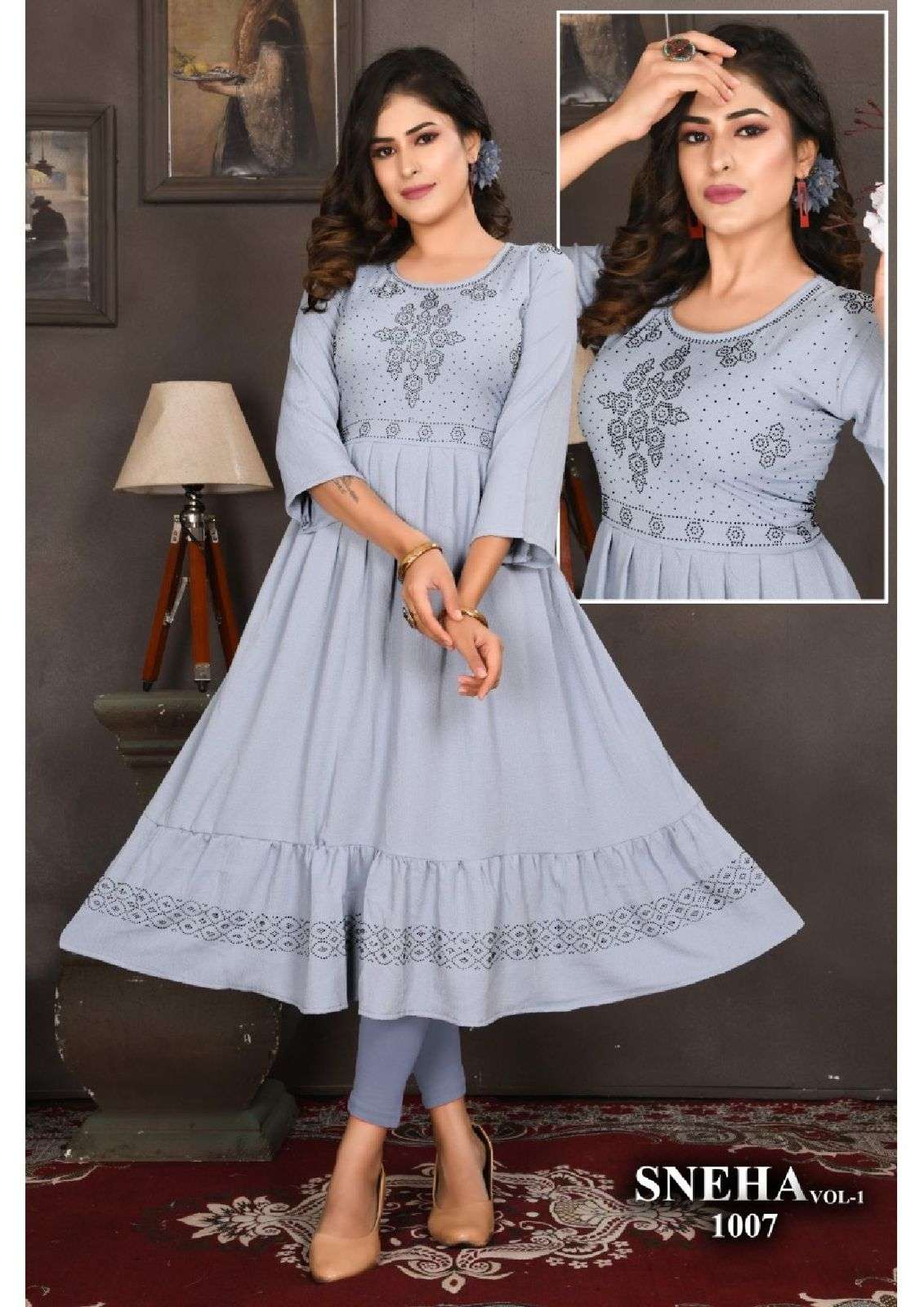 TRENDZ SNEHA VOL.1 HEAVY RINKKAL RAYON GHERA WITH SIROSKI WORK KURTI CATALOG WHOLESALER BEST RATE