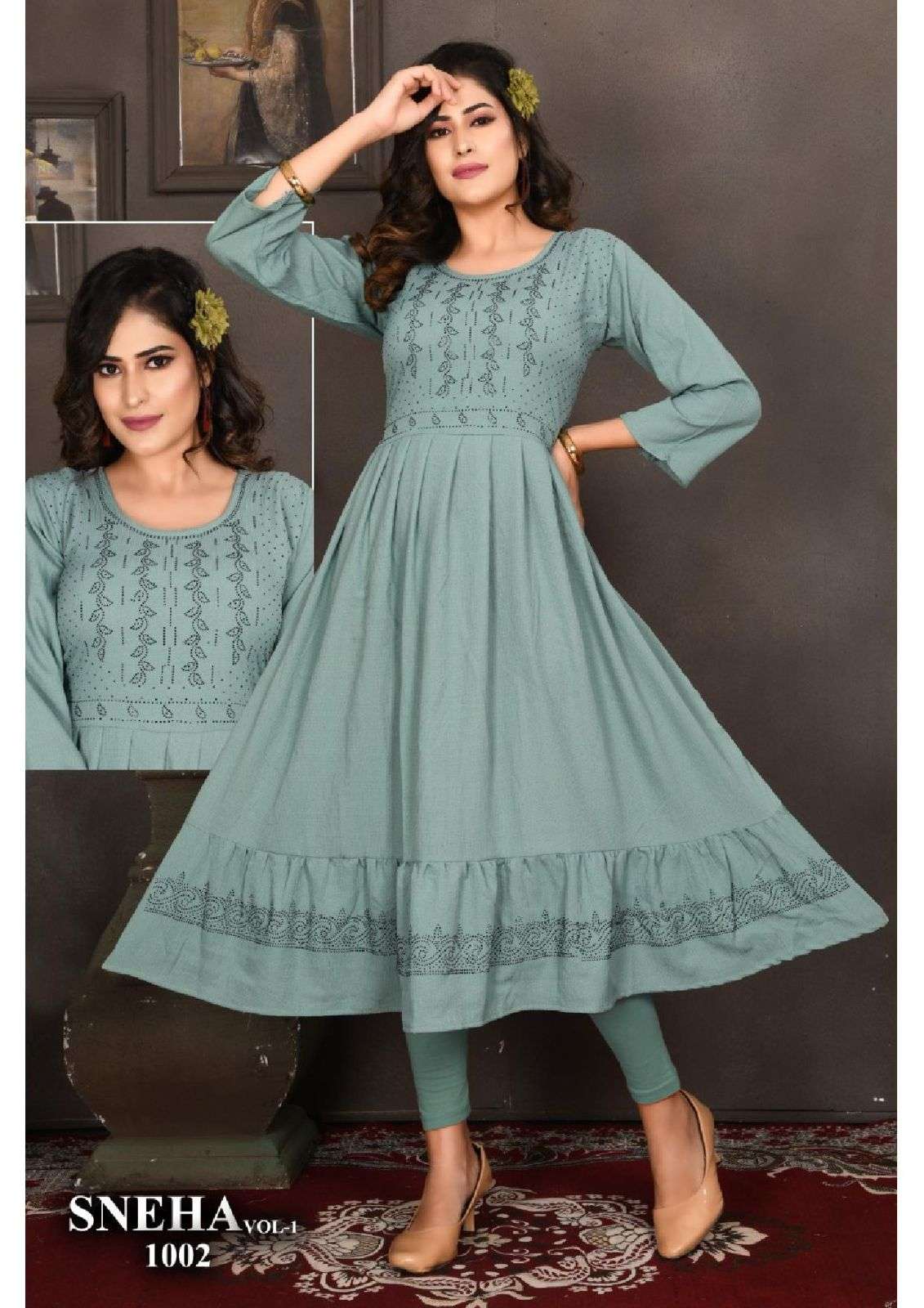 TRENDZ SNEHA VOL.1 HEAVY RINKKAL RAYON GHERA WITH SIROSKI WORK KURTI CATALOG WHOLESALER BEST RATE