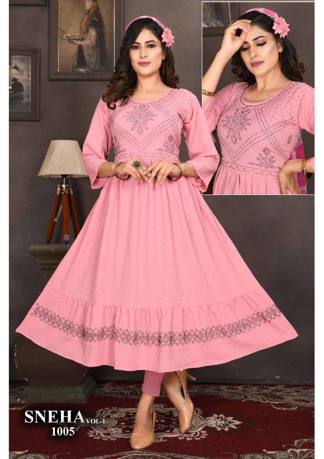 TRENDZ SNEHA VOL.1 HEAVY RINKKAL RAYON GHERA WITH SIROSKI WORK KURTI CATALOG WHOLESALER BEST RATE