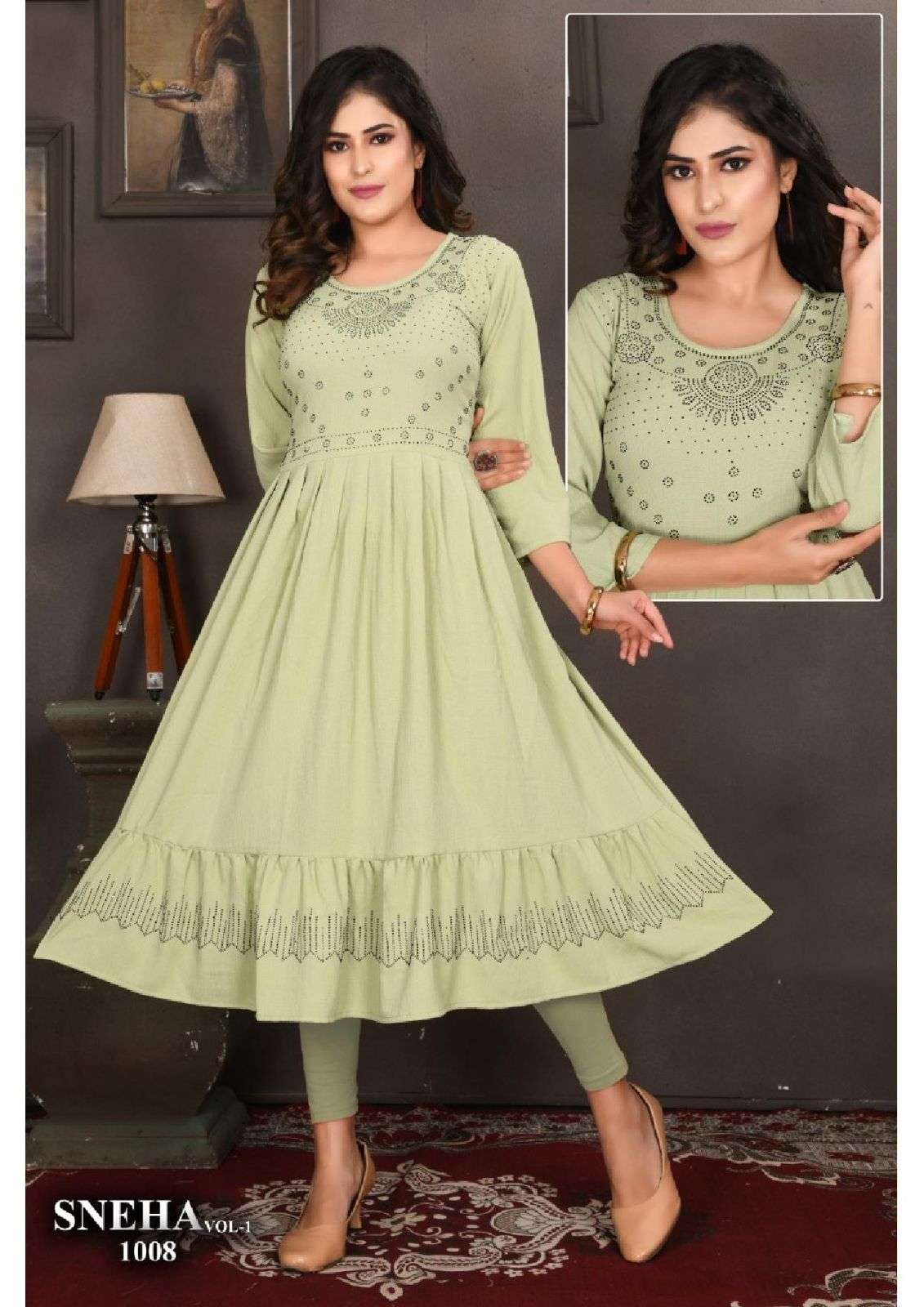 TRENDZ SNEHA VOL.1 HEAVY RINKKAL RAYON GHERA WITH SIROSKI WORK KURTI CATALOG WHOLESALER BEST RATE