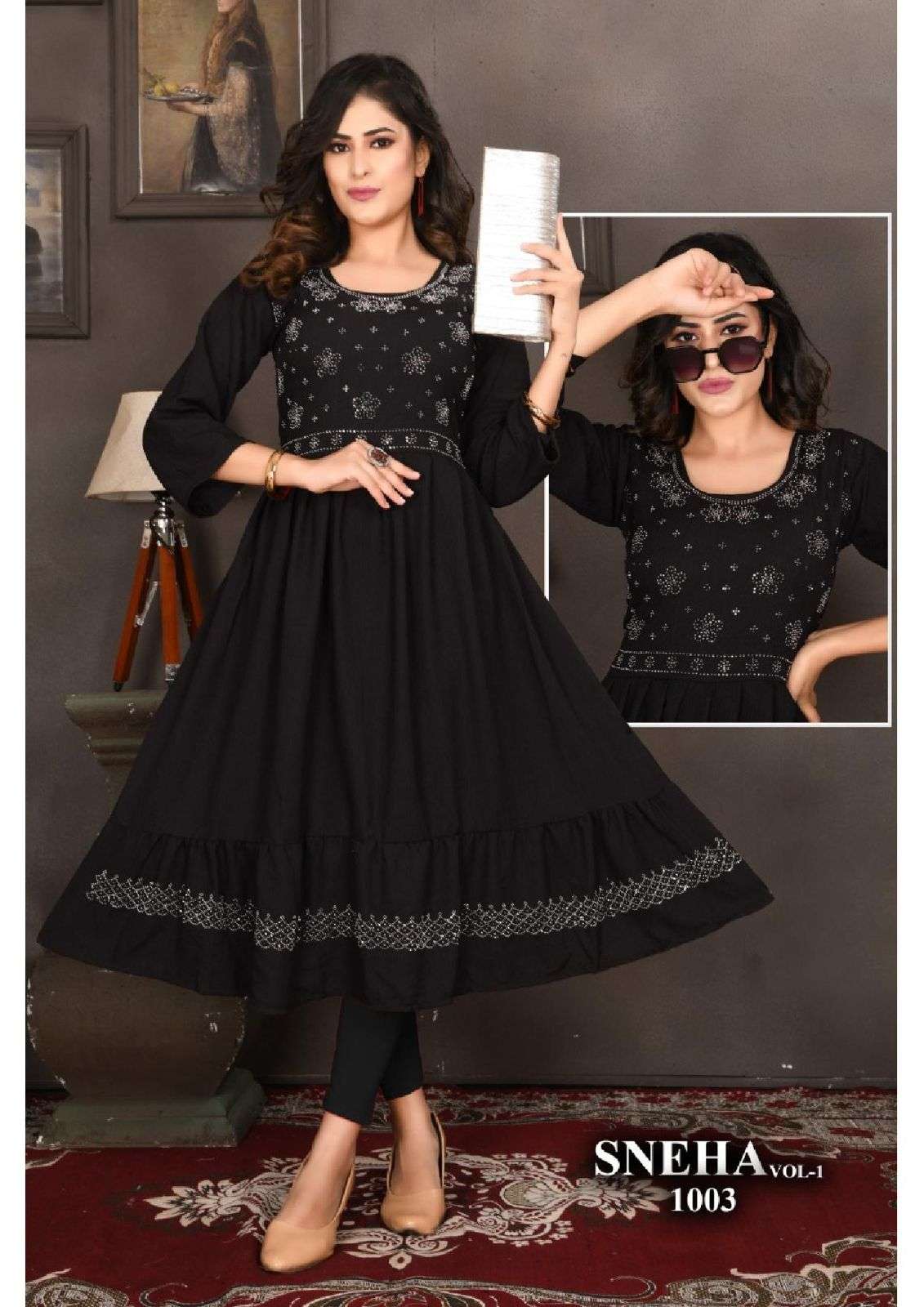 TRENDZ SNEHA VOL.1 HEAVY RINKKAL RAYON GHERA WITH SIROSKI WORK KURTI CATALOG WHOLESALER BEST RATE