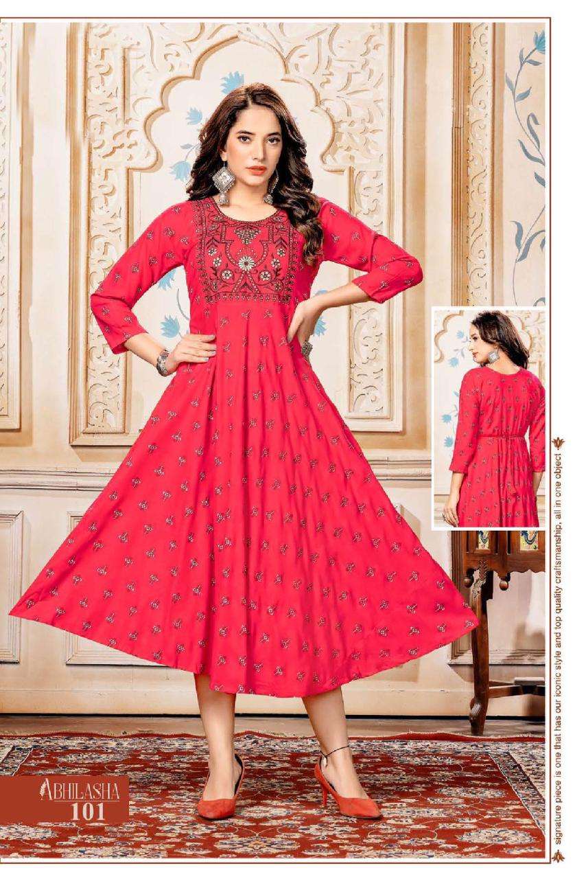 GOLDEN ABHILASHA HEAVY RAYON PRINT PRINT WITH  EMBROIDERY WORK KURTI CATALOG WHOLESALER BEST RATE