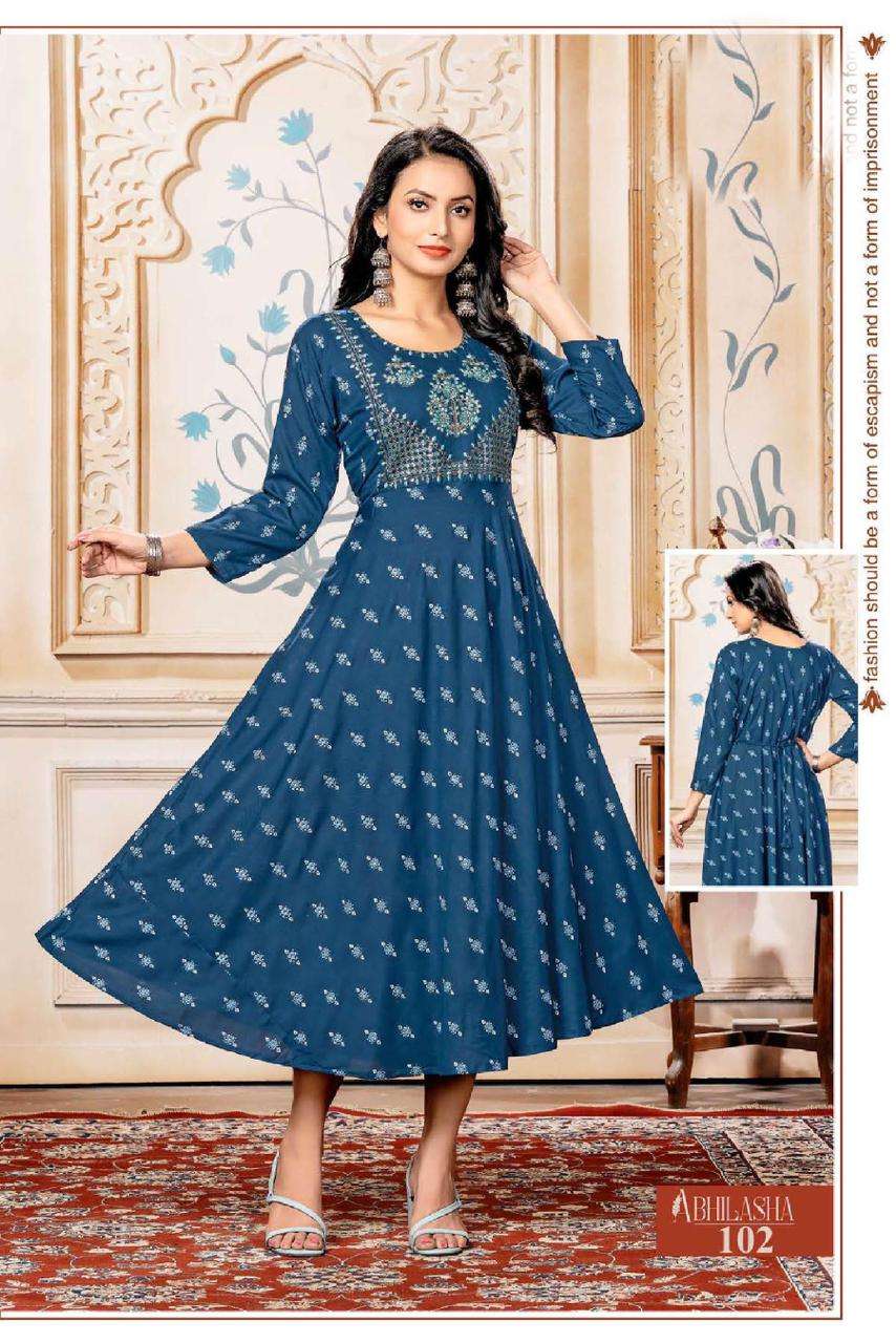 GOLDEN ABHILASHA HEAVY RAYON PRINT PRINT WITH  EMBROIDERY WORK KURTI CATALOG WHOLESALER BEST RATE