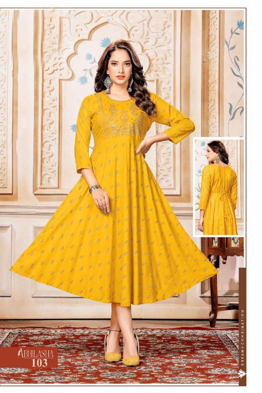 GOLDEN ABHILASHA HEAVY RAYON PRINT PRINT WITH  EMBROIDERY WORK KURTI CATALOG WHOLESALER BEST RATE