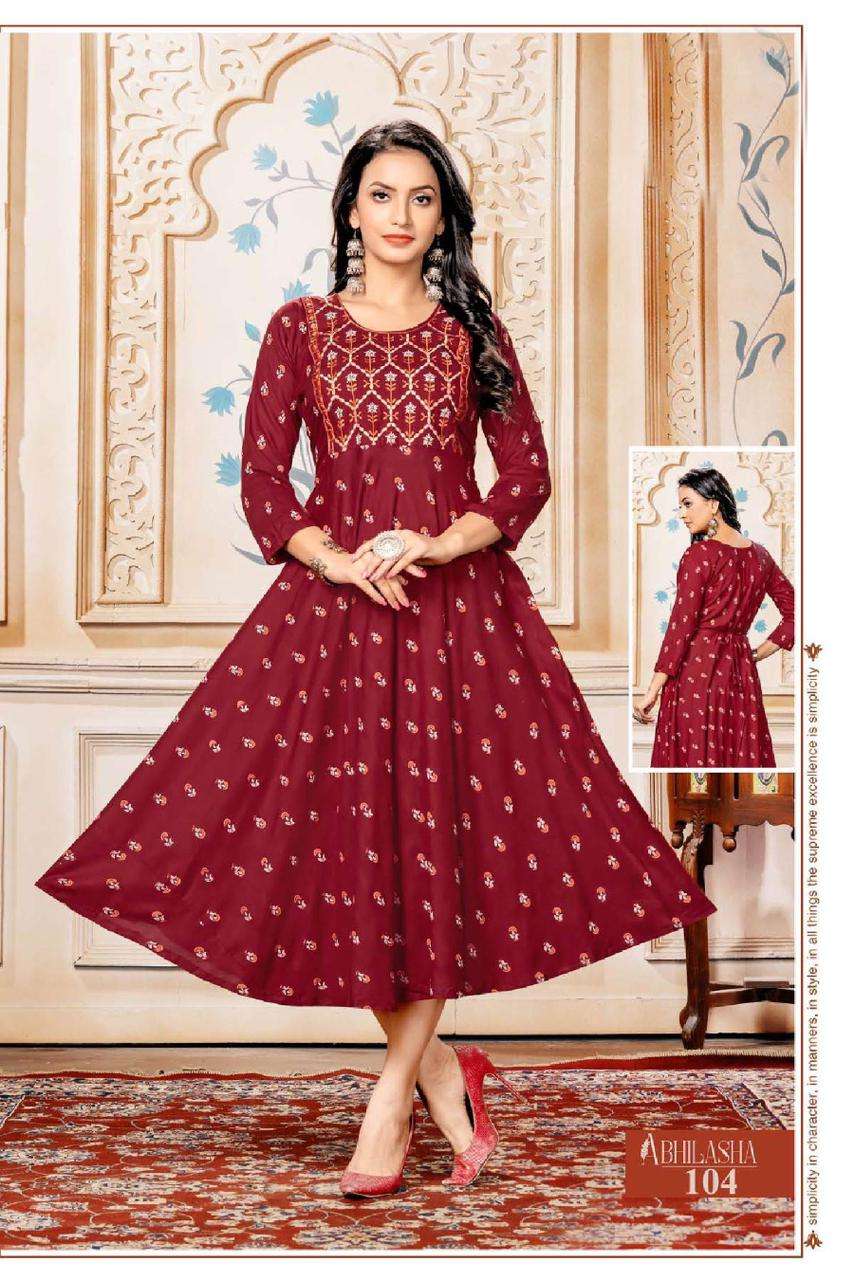 GOLDEN ABHILASHA HEAVY RAYON PRINT PRINT WITH  EMBROIDERY WORK KURTI CATALOG WHOLESALER BEST RATE