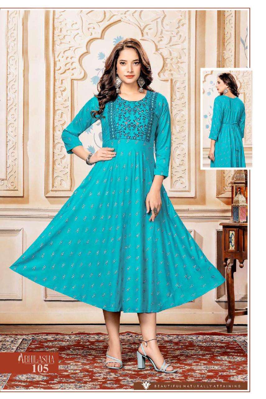 GOLDEN ABHILASHA HEAVY RAYON PRINT PRINT WITH  EMBROIDERY WORK KURTI CATALOG WHOLESALER BEST RATE