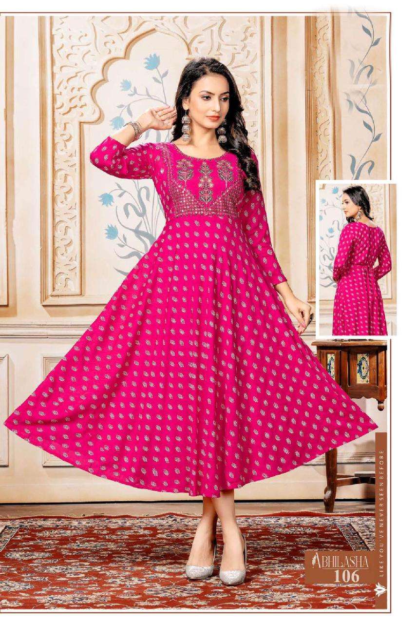 GOLDEN ABHILASHA HEAVY RAYON PRINT PRINT WITH  EMBROIDERY WORK KURTI CATALOG WHOLESALER BEST RATE