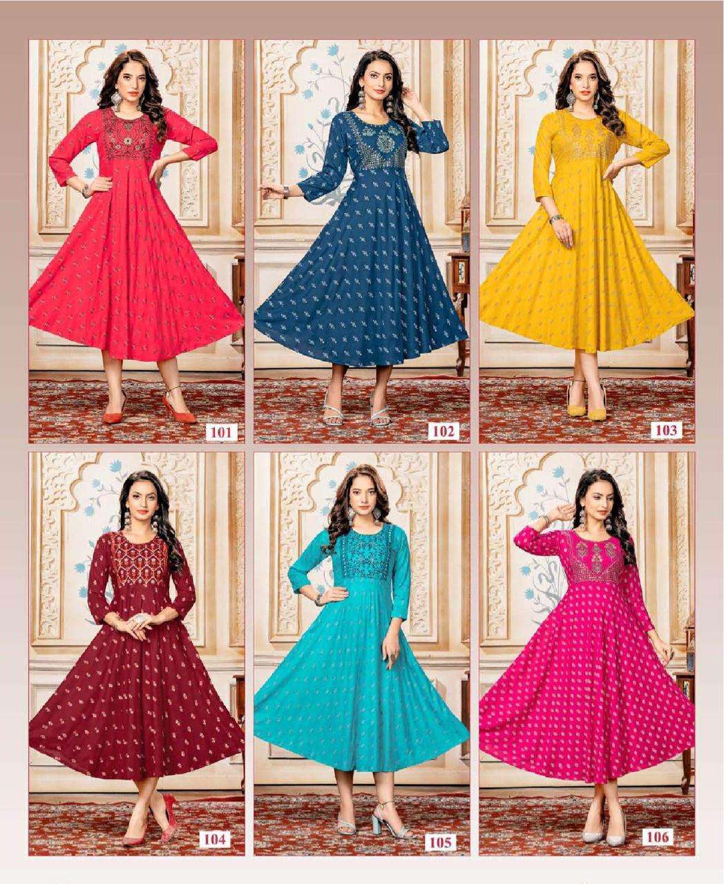 GOLDEN ABHILASHA HEAVY RAYON PRINT PRINT WITH  EMBROIDERY WORK KURTI CATALOG WHOLESALER BEST RATE