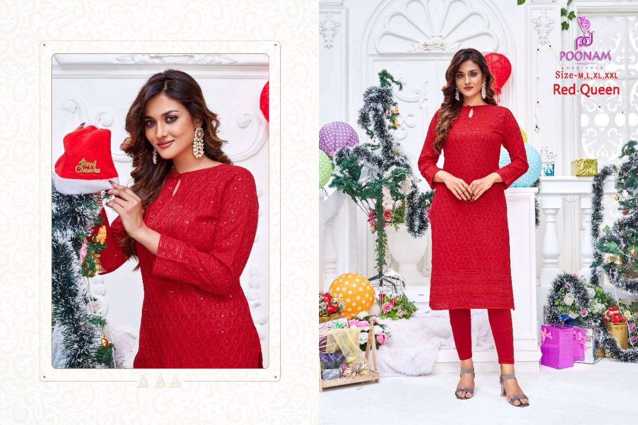 poonam red queen chikan work red color special kurtis 