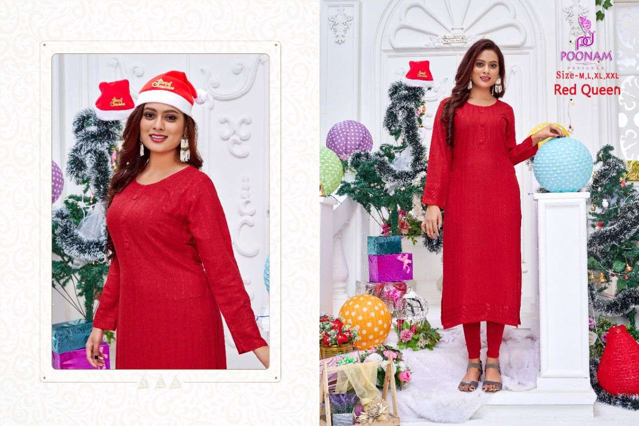 poonam red queen chikan work red color special kurtis 