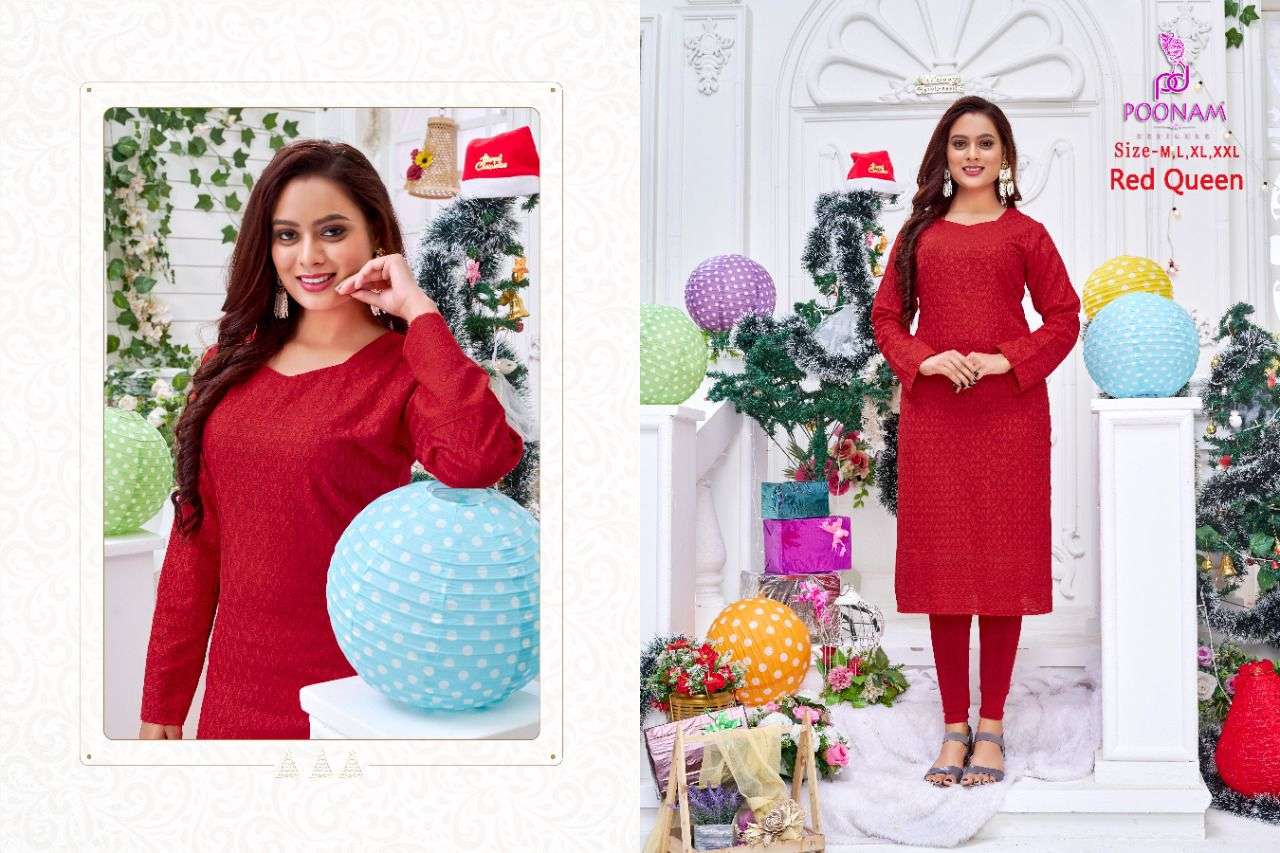 poonam red queen chikan work red color special kurtis 
