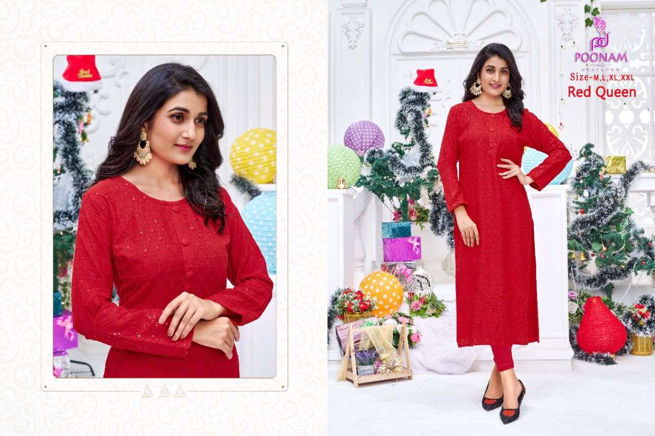 poonam red queen chikan work red color special kurtis 