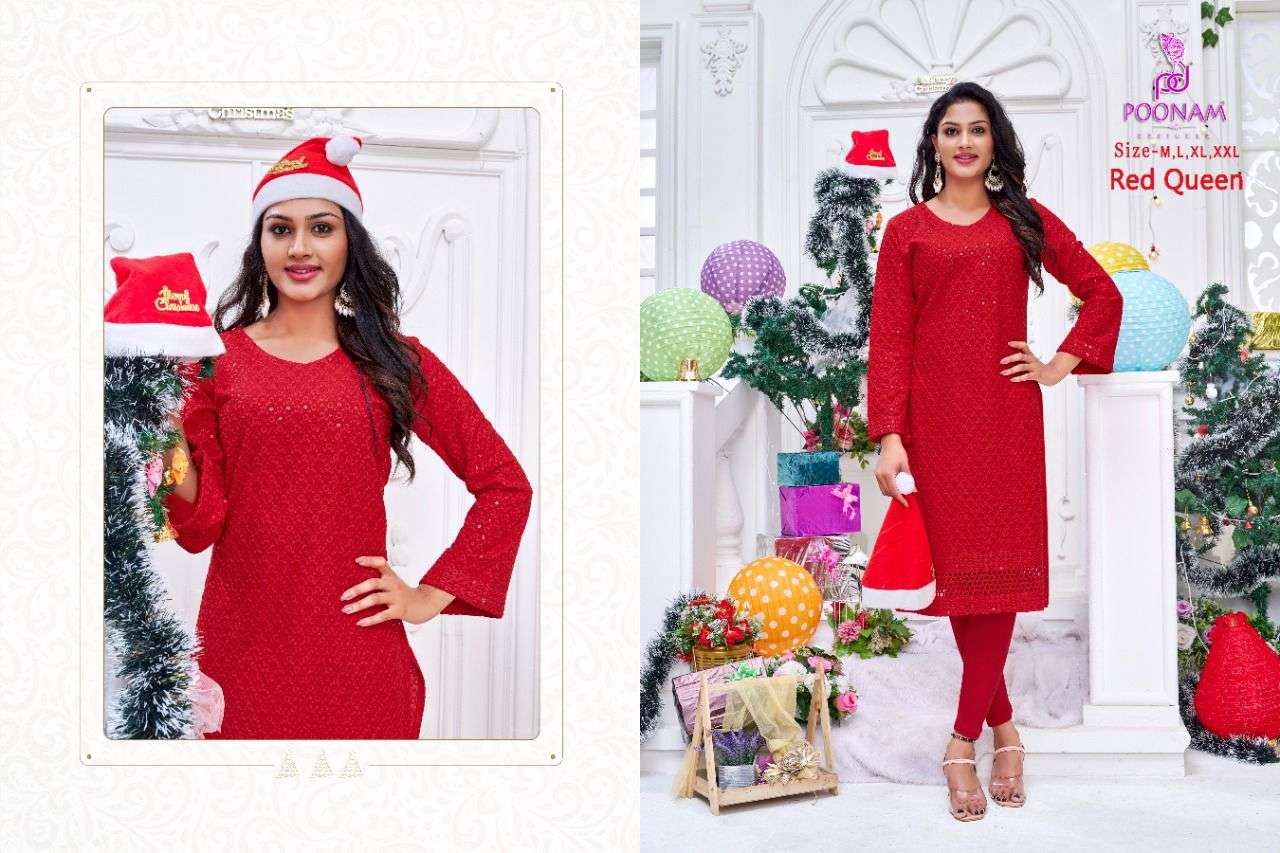 poonam red queen chikan work red color special kurtis 