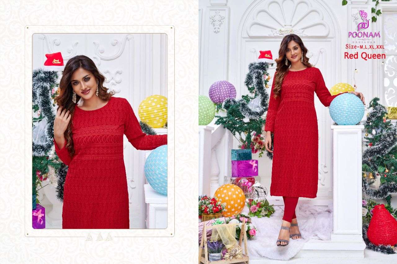 poonam red queen chikan work red color special kurtis 