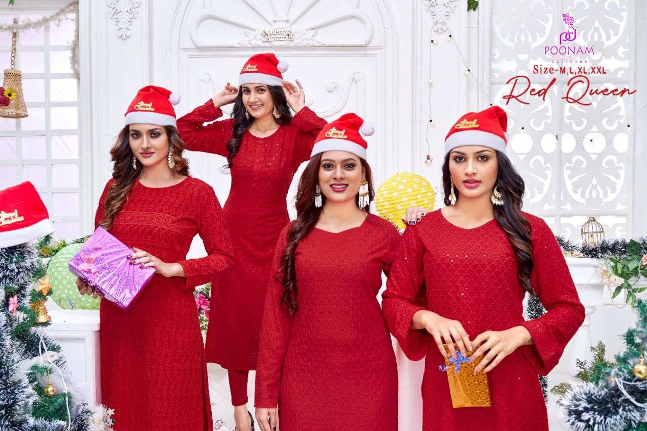 poonam red queen chikan work red color special kurtis 