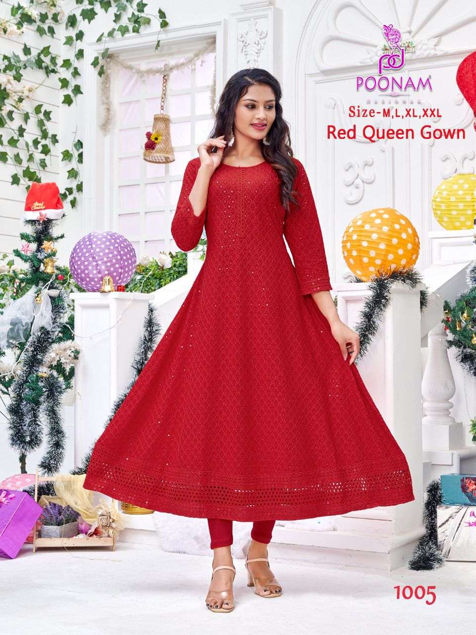poonam red queen gown chikan work anarkali kurtis red color special 