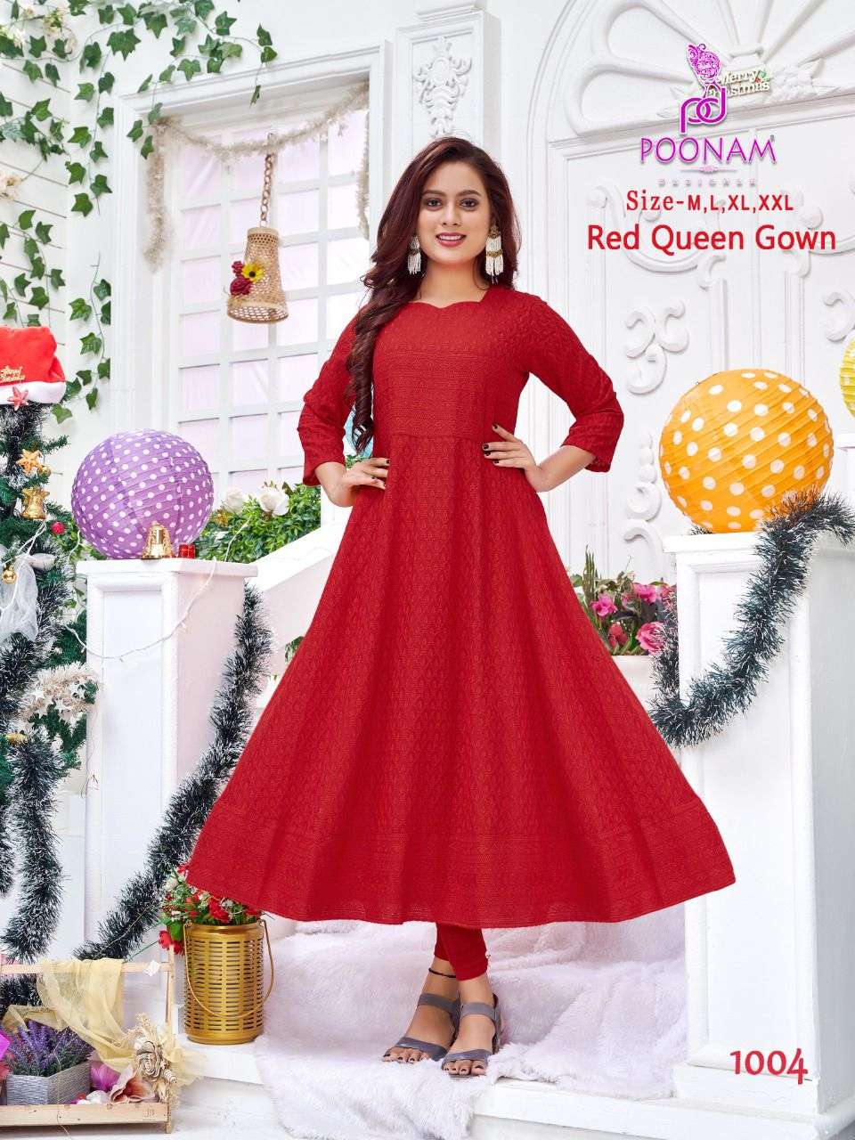 poonam red queen gown chikan work anarkali kurtis red color special 