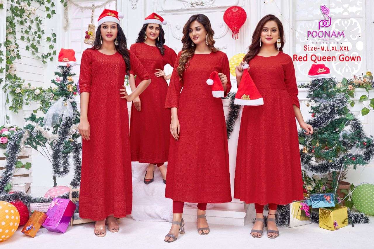 poonam red queen gown chikan work anarkali kurtis red color special 