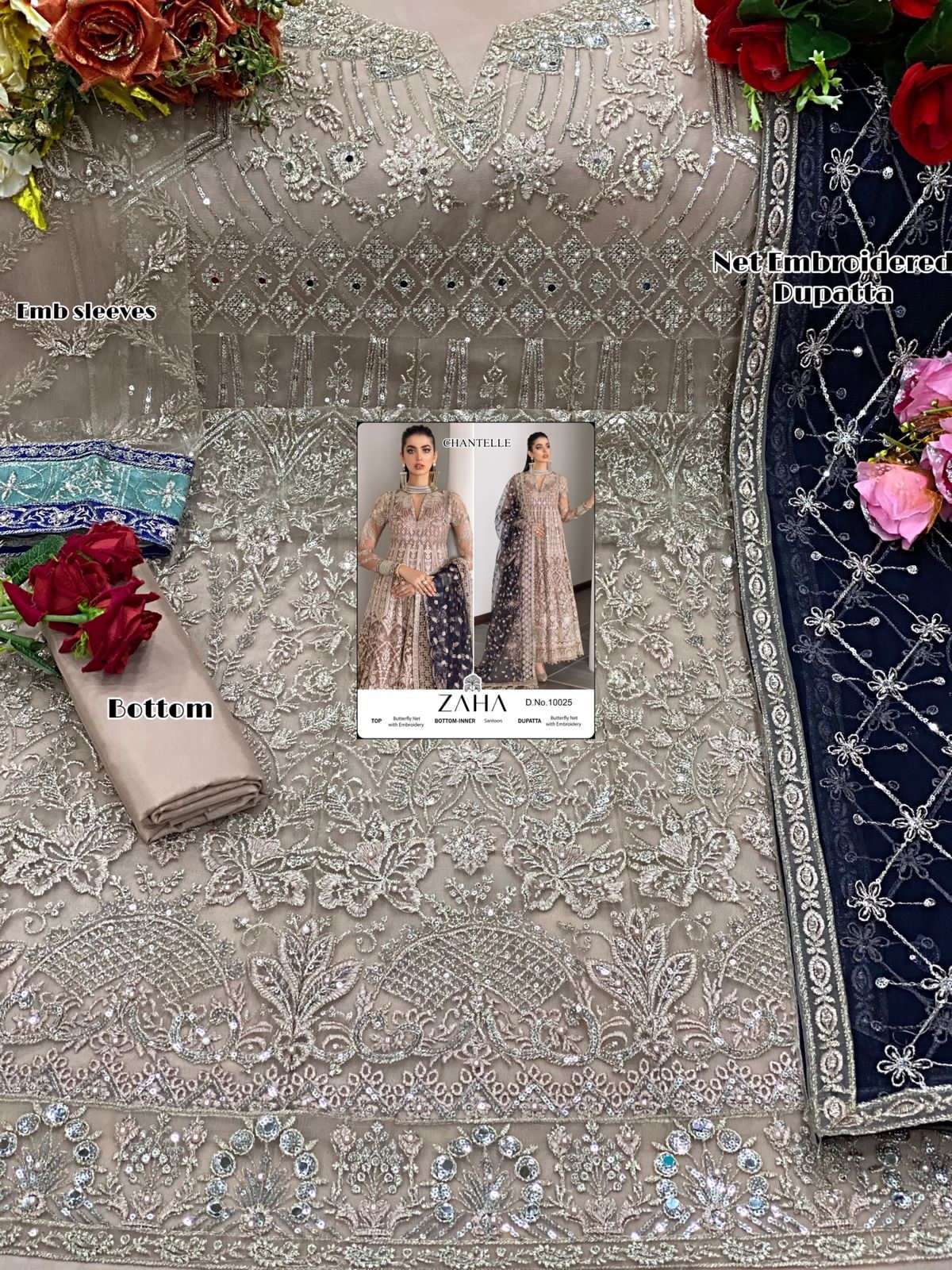 zaha 10025 single color net embroidery pakistani dress 