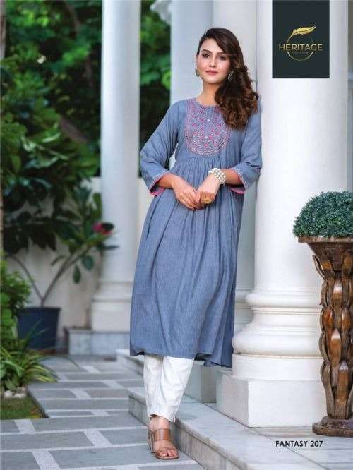 HERITAGE FANTASY VOL-2 RAYON HEAVY SOFT VISCOSE LIQUID KURTI CATALOG WHOLESALER BEST RATE
