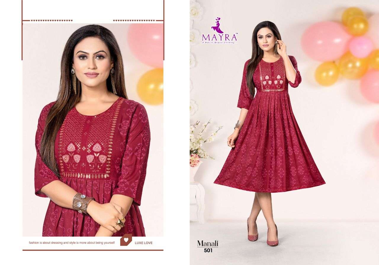 MAYRA MANALI VOL.1 Reyon plain 14kg with screen print with sequence work with umbrella KURTI CATALOG WHOLESALER BEST RATE