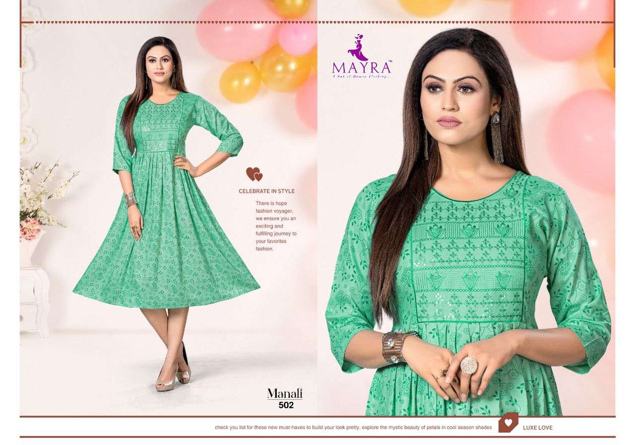MAYRA MANALI VOL.1 Reyon plain 14kg with screen print with sequence work with umbrella KURTI CATALOG WHOLESALER BEST RATE
