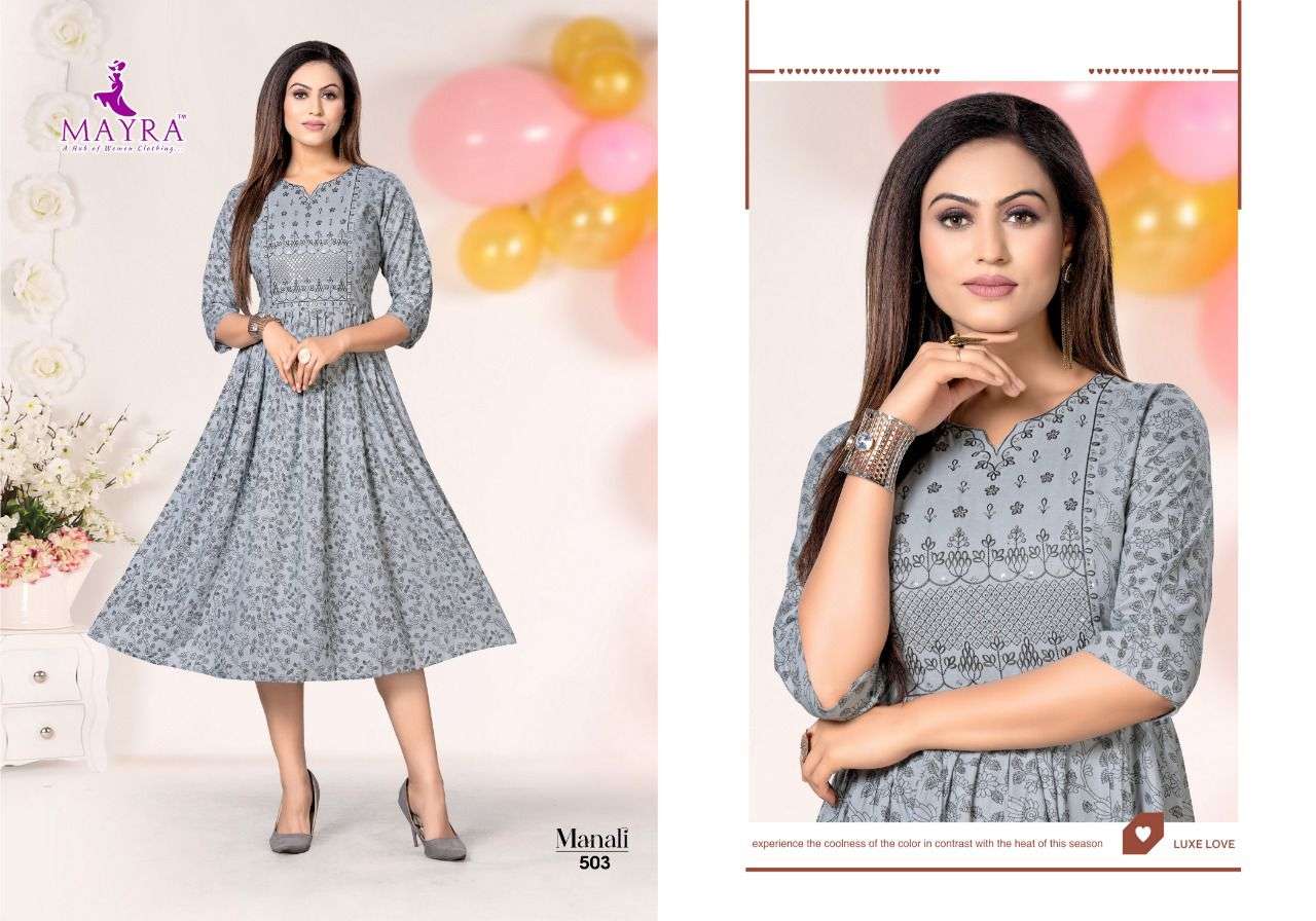 MAYRA MANALI VOL.1 Reyon plain 14kg with screen print with sequence work with umbrella KURTI CATALOG WHOLESALER BEST RATE