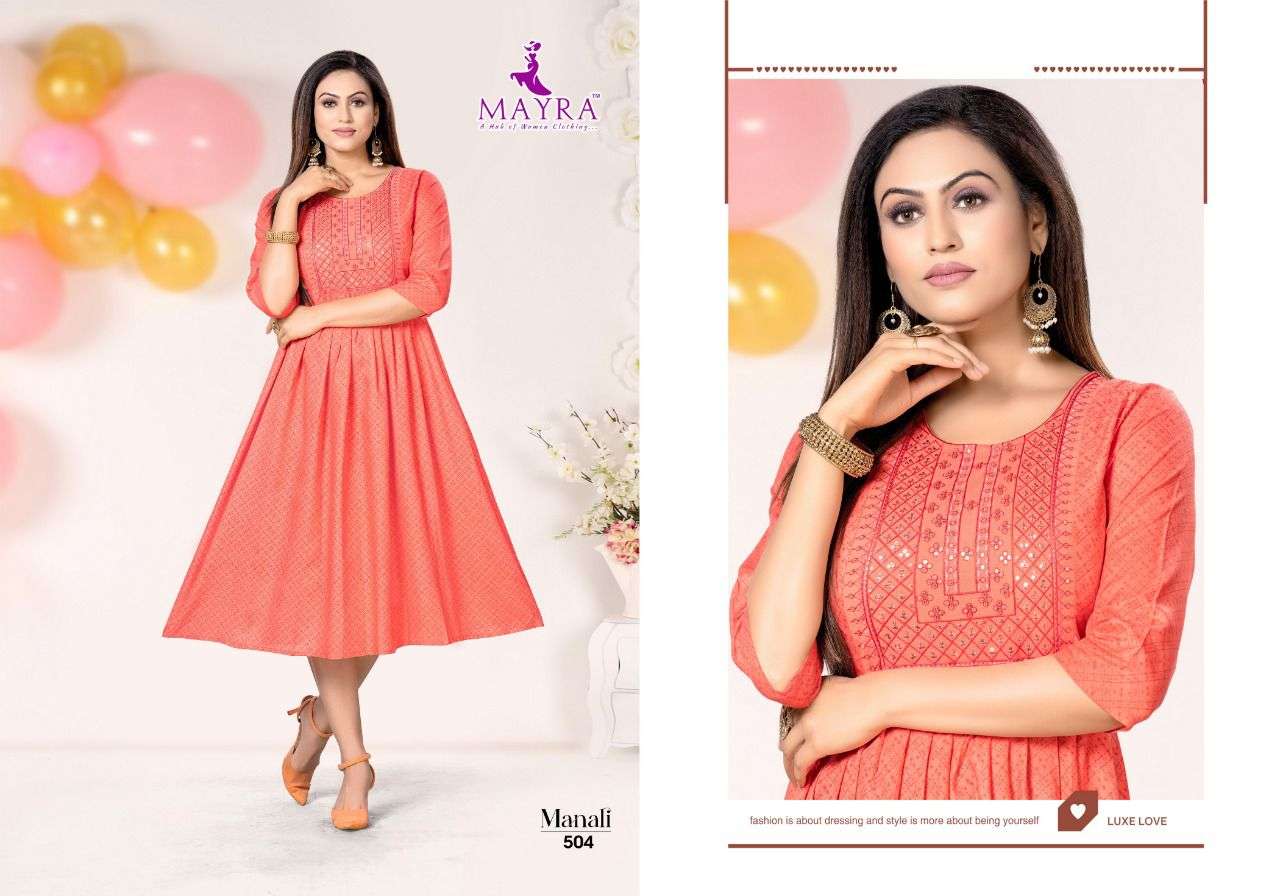 MAYRA MANALI VOL.1 Reyon plain 14kg with screen print with sequence work with umbrella KURTI CATALOG WHOLESALER BEST RATE
