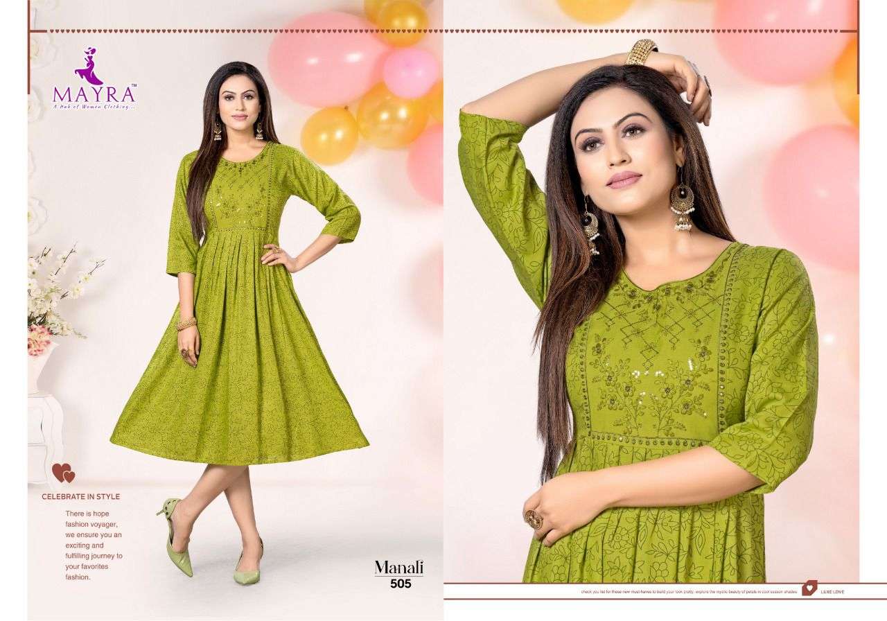 MAYRA MANALI VOL.1 Reyon plain 14kg with screen print with sequence work with umbrella KURTI CATALOG WHOLESALER BEST RATE