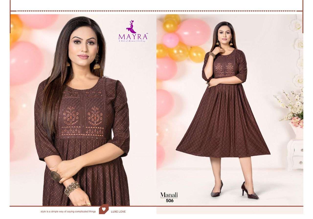 MAYRA MANALI VOL.1 Reyon plain 14kg with screen print with sequence work with umbrella KURTI CATALOG WHOLESALER BEST RATE