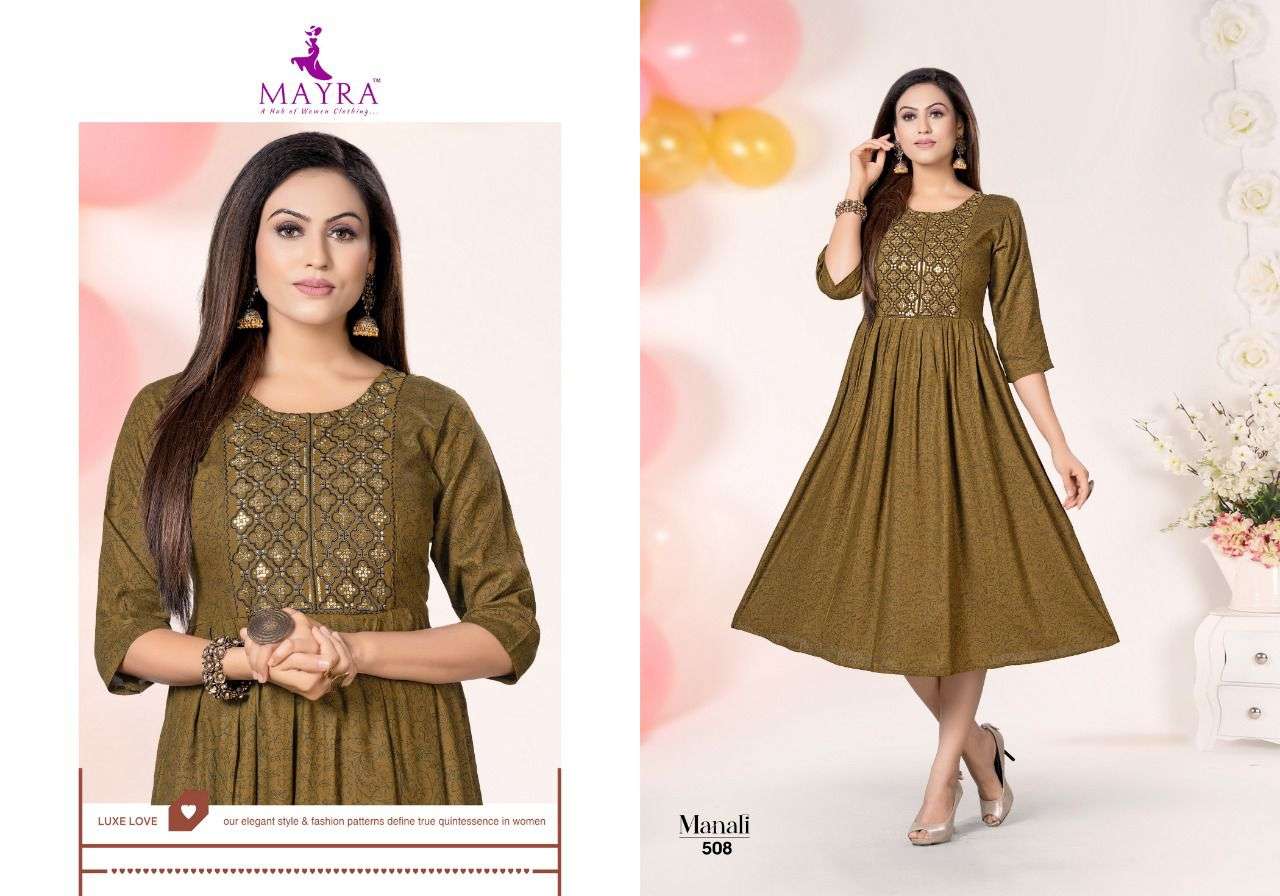 MAYRA MANALI VOL.1 Reyon plain 14kg with screen print with sequence work with umbrella KURTI CATALOG WHOLESALER BEST RATE