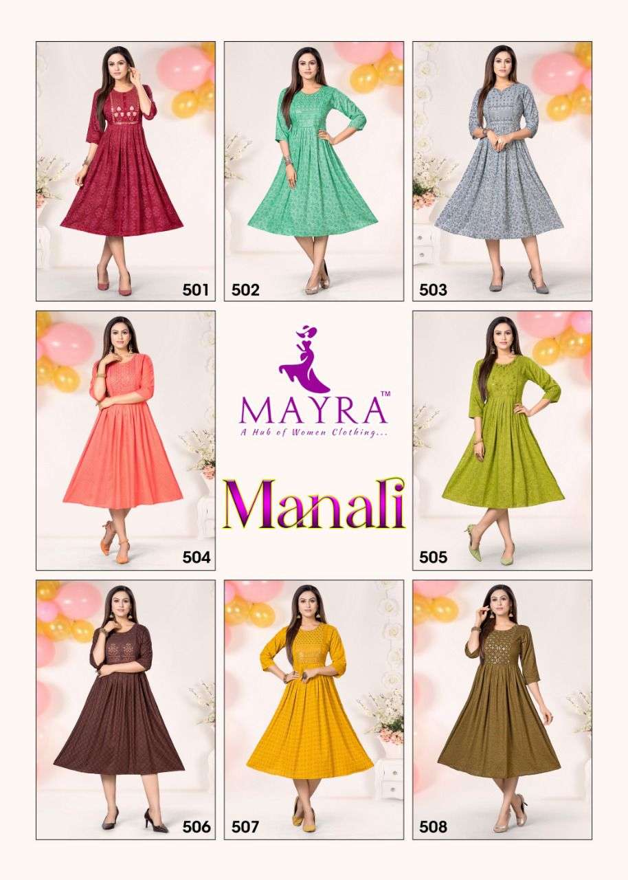 MAYRA MANALI VOL.1 Reyon plain 14kg with screen print with sequence work with umbrella KURTI CATALOG WHOLESALER BEST RATE