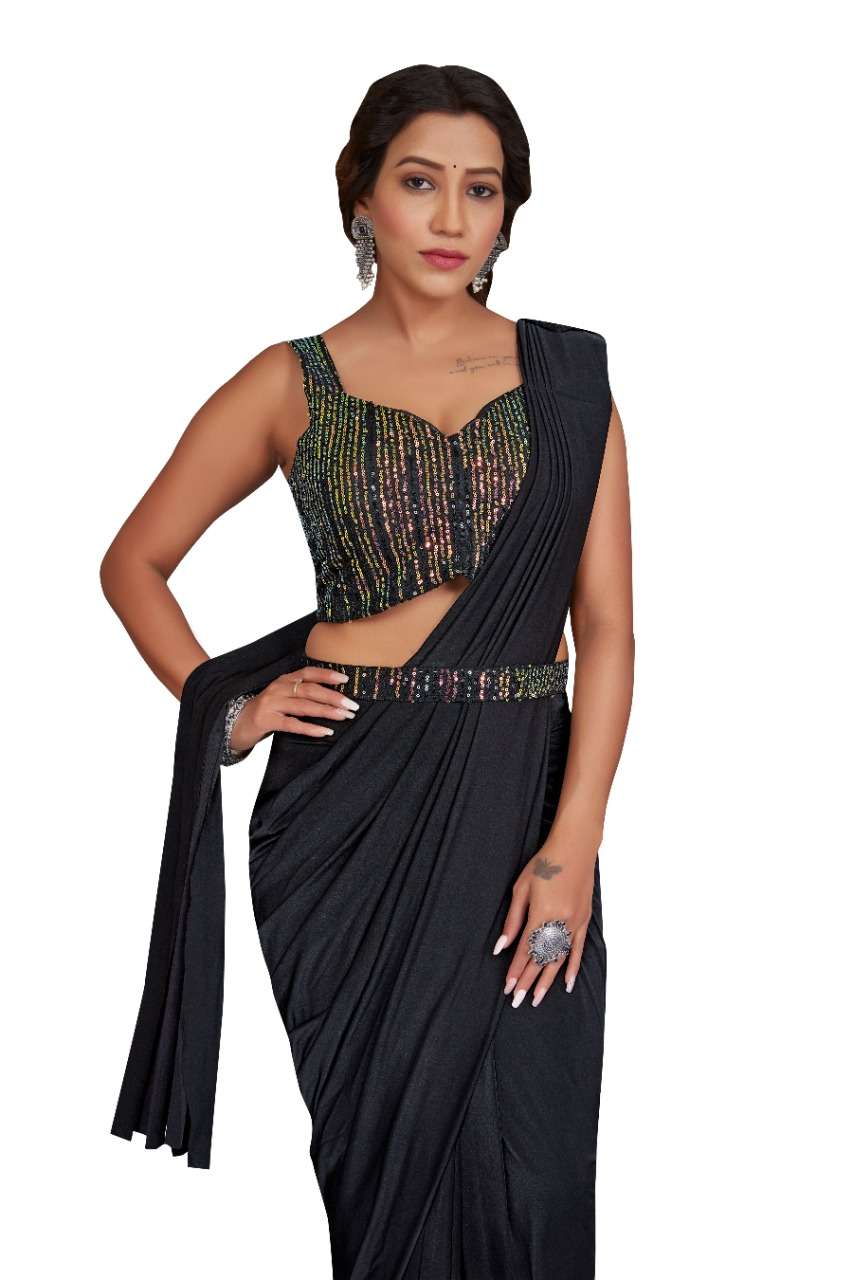 pr 101887 Iready to wear saree MPORTED FABRIC WITH SEQUIN WORK BELT ON SHOLDER SEQUIN WORK FLOWER BROOCH